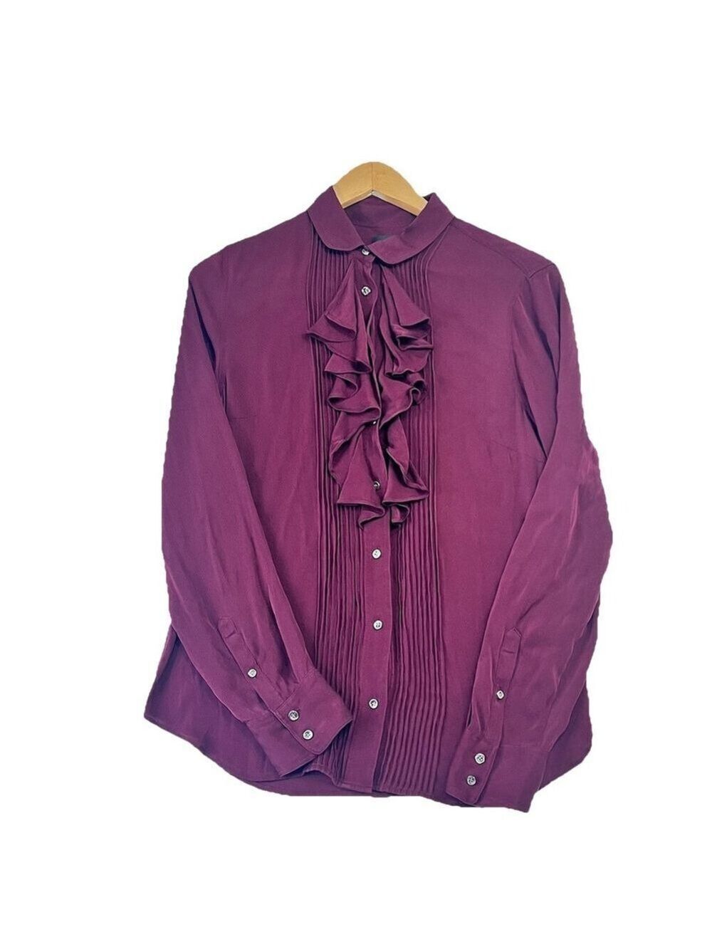 J. Crew Silk Blouse Ruffle Front Pleated Button Up Shirts Burgundy Women Sz 8